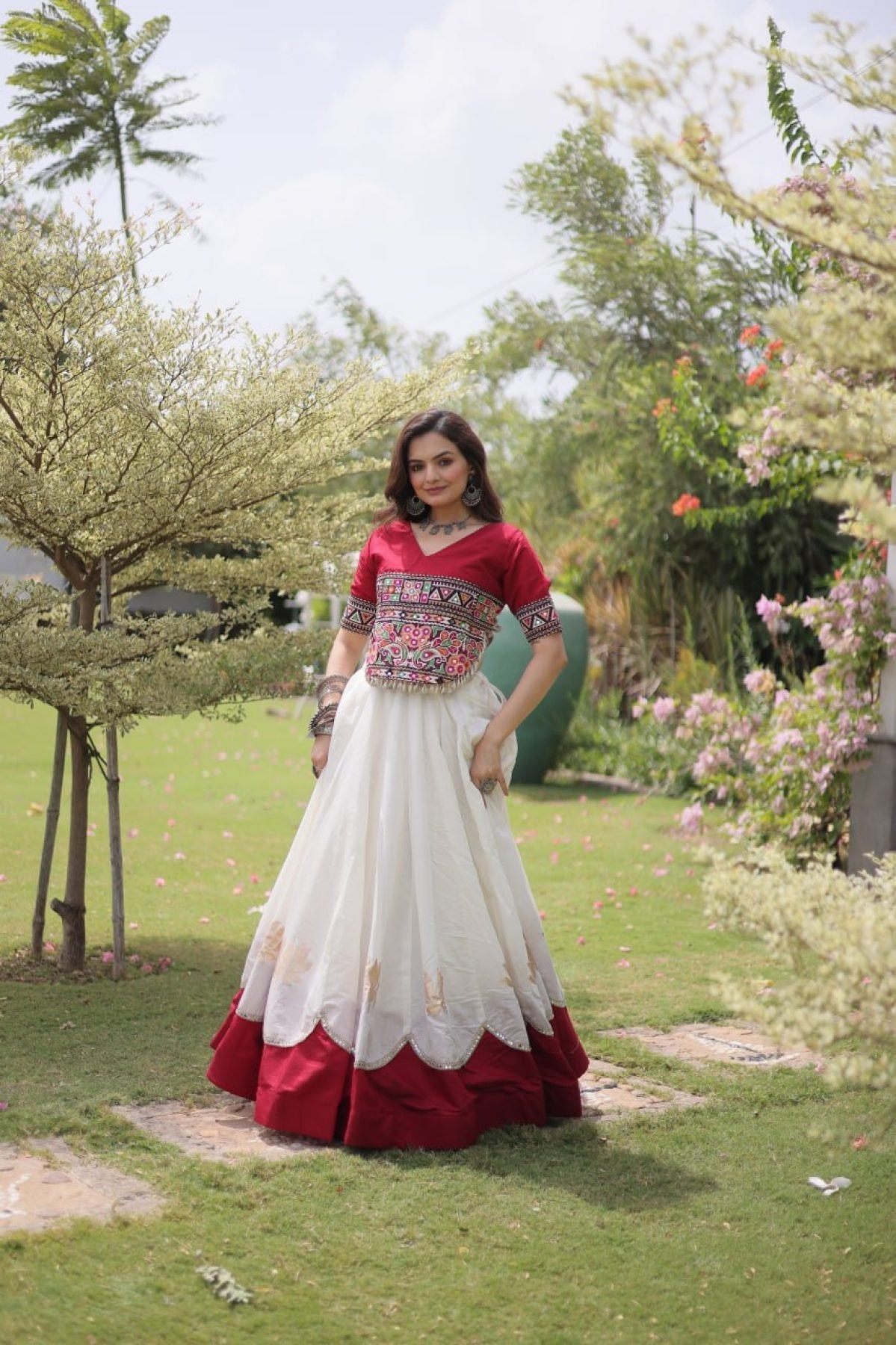 Roman Fabric Navratri Lehenga Choli with Kutchi Gamthi Embroidery Work styling view