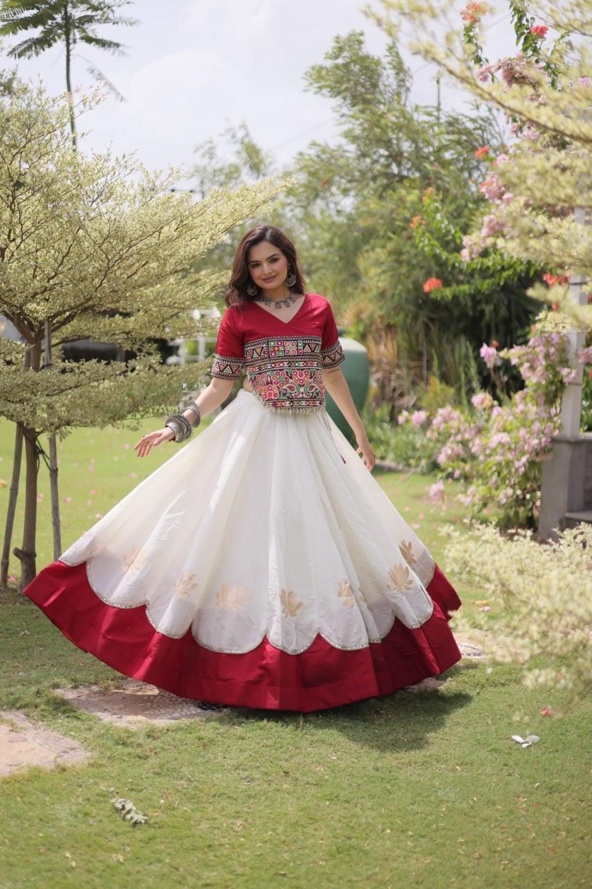 Roman Fabric Navratri Lehenga Choli with Kutchi Gamthi Embroidery Work colour variant view