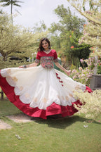 Roman Fabric Navratri Lehenga Choli with Kutchi Gamthi Embroidery Work front view
