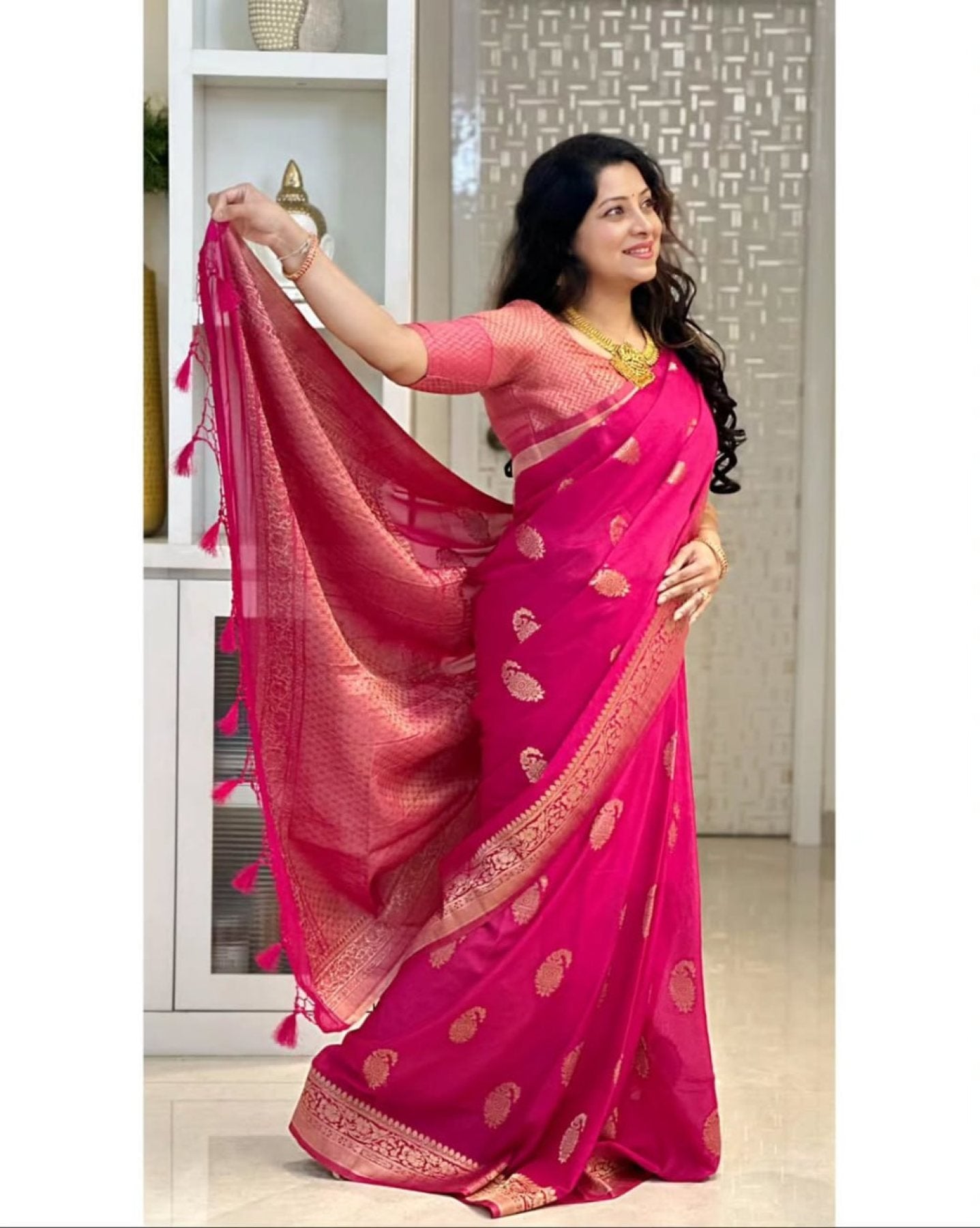 Pink Banarasi Saree - side drape view