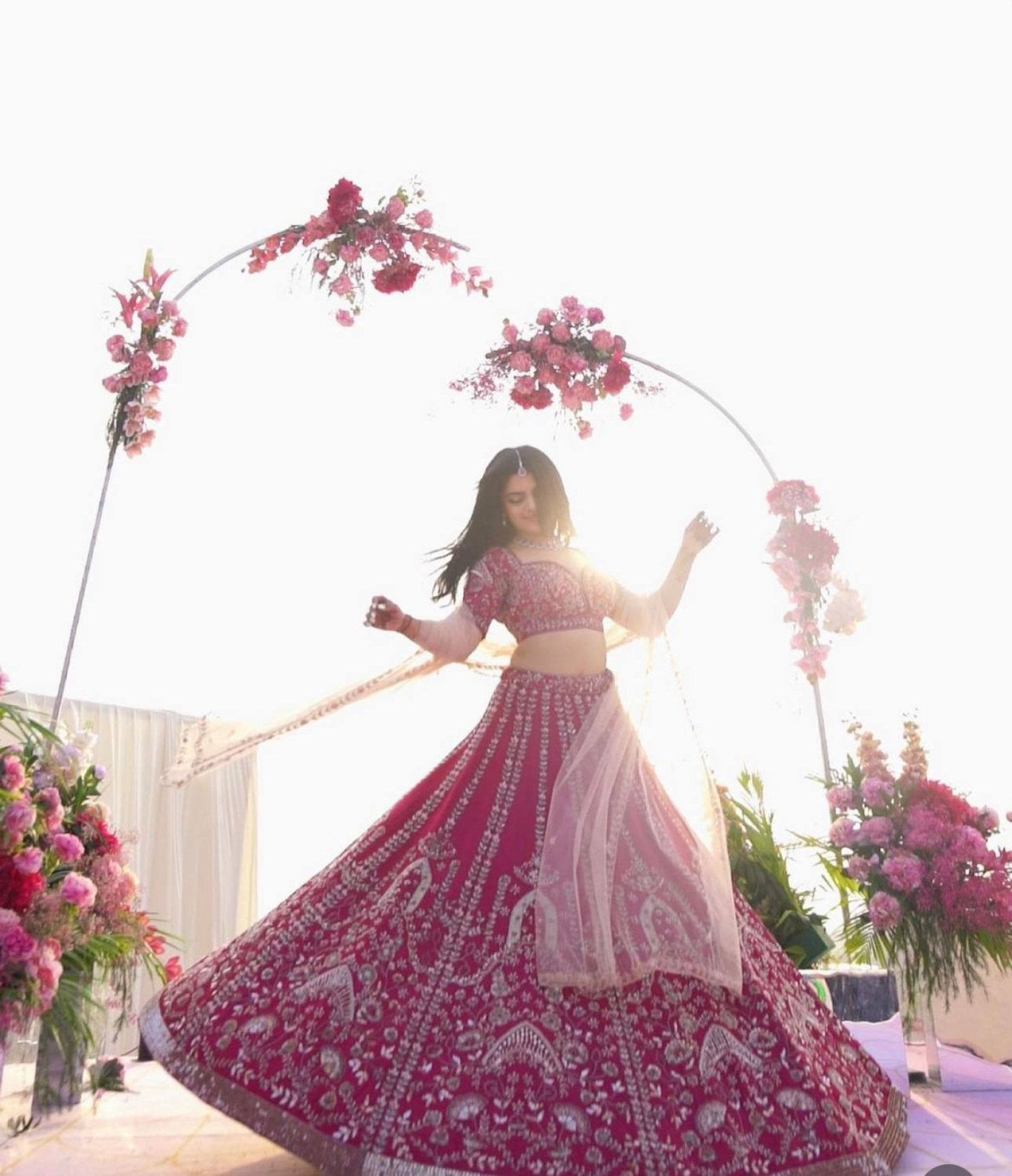 Pink Heavy Slub Silk Lehenga Choli with Dori Sequins Work for Wedding Wear full drape view