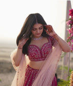 Pink Heavy Slub Silk Lehenga Choli with Dori Sequins Work for Wedding Wear embroidery close-up