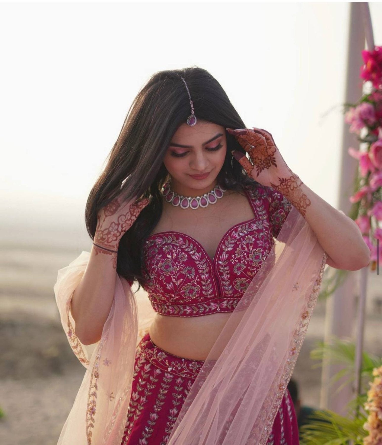 Pink Heavy Slub Silk Lehenga Choli with Dori Sequins Work for Wedding Wear embroidery close-up