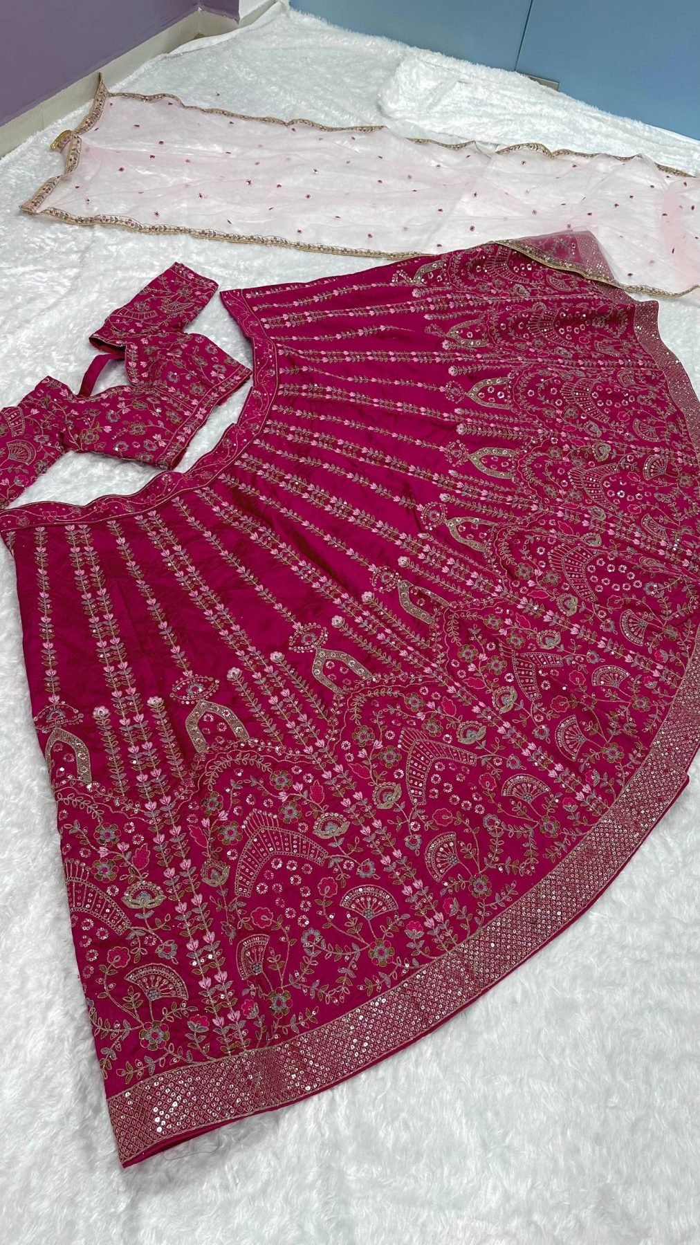 Pink Heavy Slub Silk Lehenga Choli with Dori Sequins Work for Wedding Wear fabric texture detail
