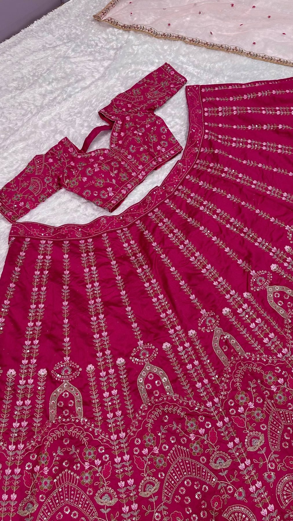 Pink Heavy Slub Silk Lehenga Choli with Dori Sequins Work for Wedding Wear back view