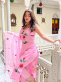 Pink Viscose Twill Floral Print Spaghetti Kurti with Dupatta for women | Snyvia