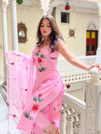 Pink Viscose Twill Floral Print Spaghetti Kurti with Dupatta for women | Snyvia