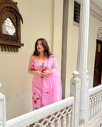 Pink Viscose Twill Floral Print Spaghetti Kurti with Dupatta full set view