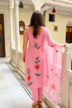 Pink Viscose Twill Floral Print Spaghetti Kurti with Dupatta detailed view