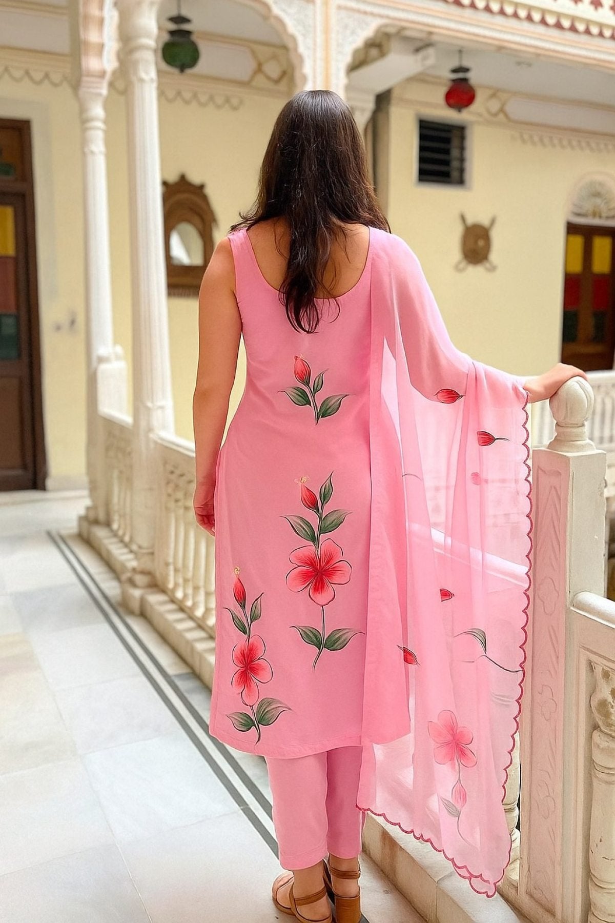 Pink Viscose Twill Floral Print Spaghetti Kurti with Dupatta detailed view