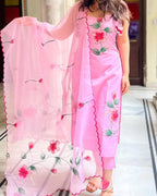 Pink Viscose Twill Floral Print Spaghetti Kurti with Dupatta embroidery close-up