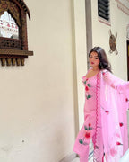 Pink Viscose Twill Floral Print Spaghetti Kurti with Dupatta back view