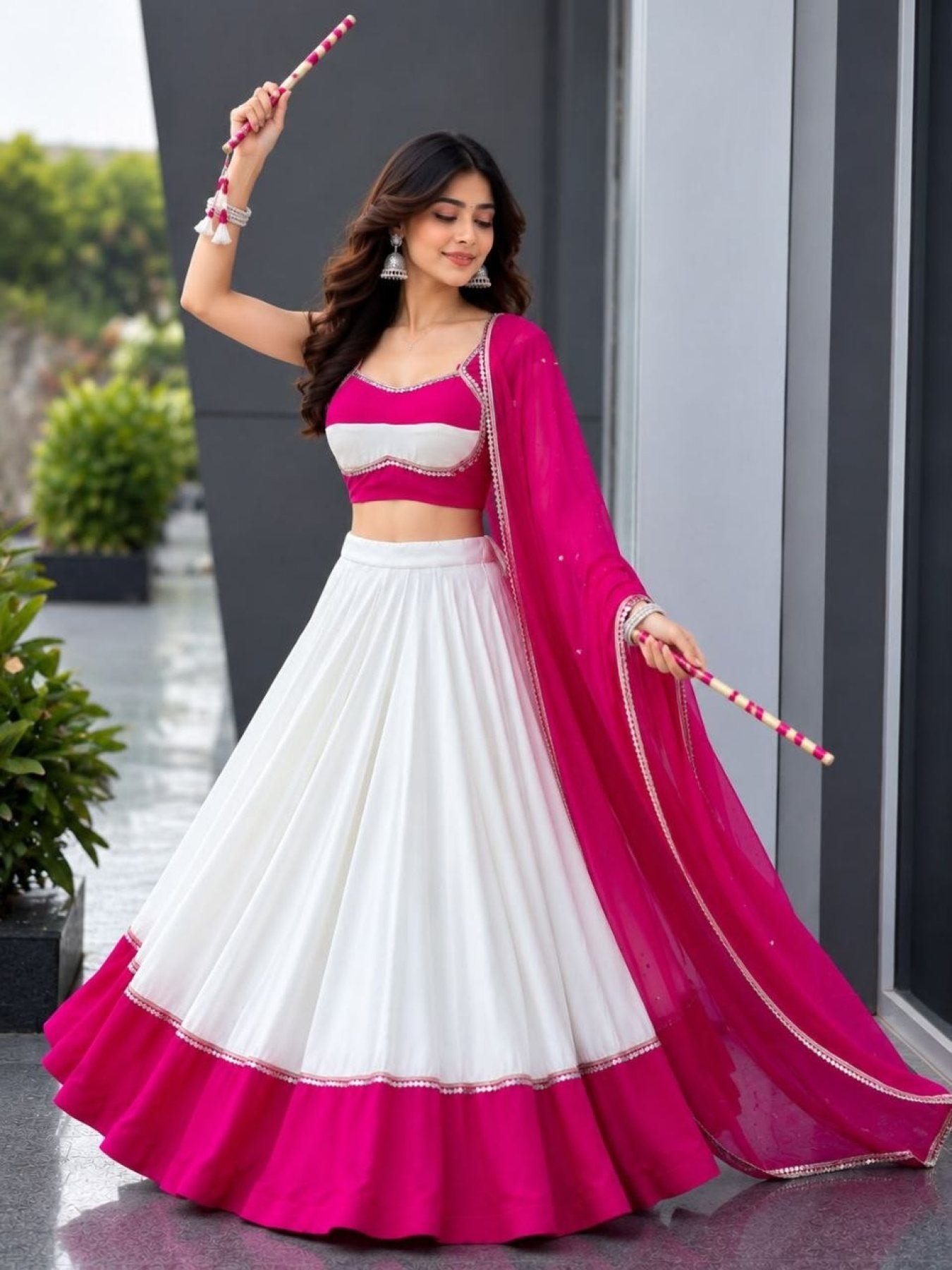 Pink White Cotton Party Wear Lehenga Choli with Heavy Mirror Work Lace full drape view