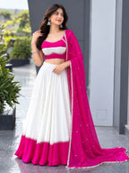 Pink White Cotton Party Wear Lehenga Choli with Heavy Mirror Work Lace embroidery close-up