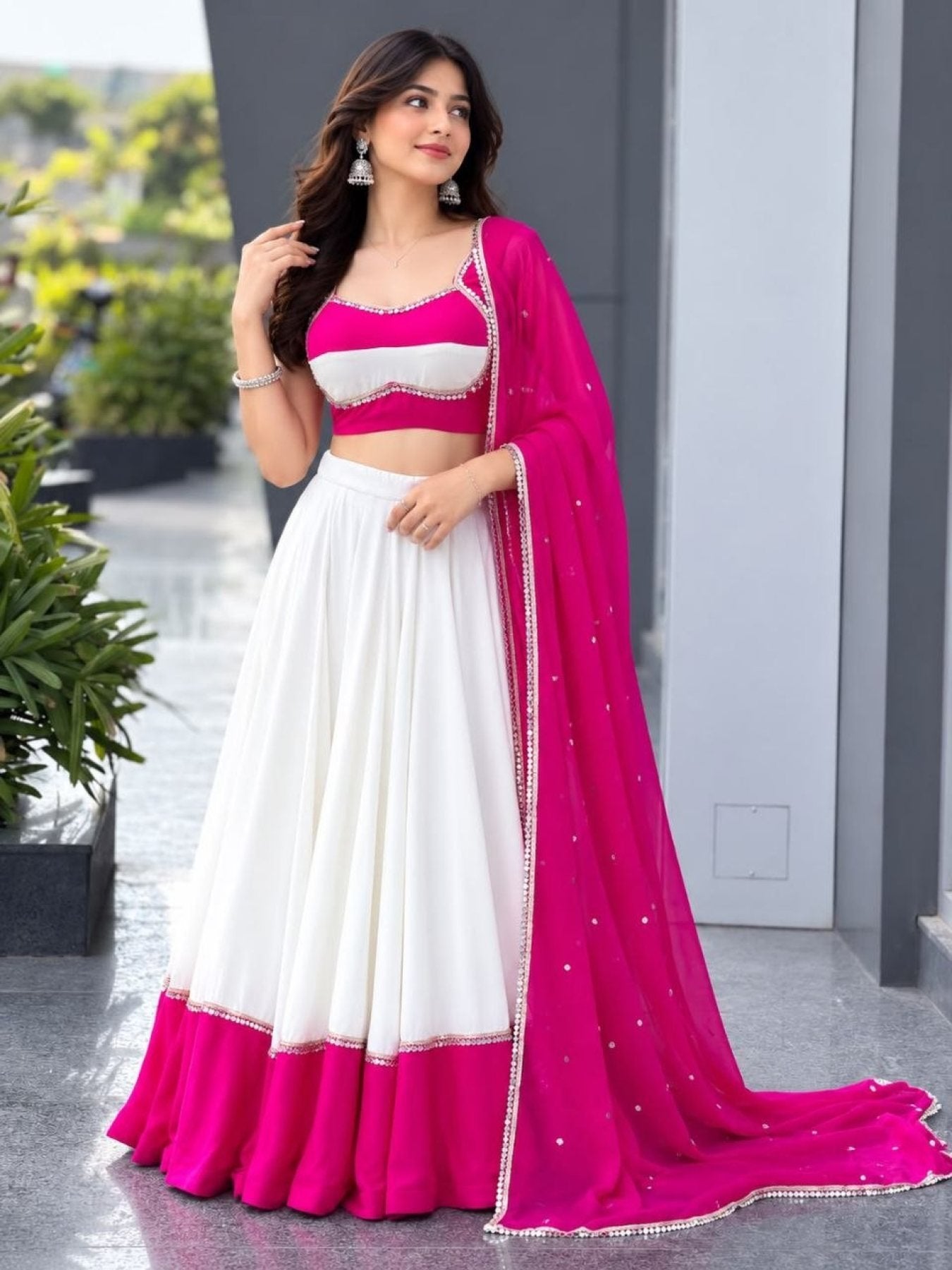 Pink White Cotton Party Wear Lehenga Choli with Heavy Mirror Work Lace embroidery close-up