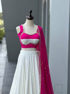 Pink White Cotton Party Wear Lehenga Choli with Heavy Mirror Work Lace fabric texture detail