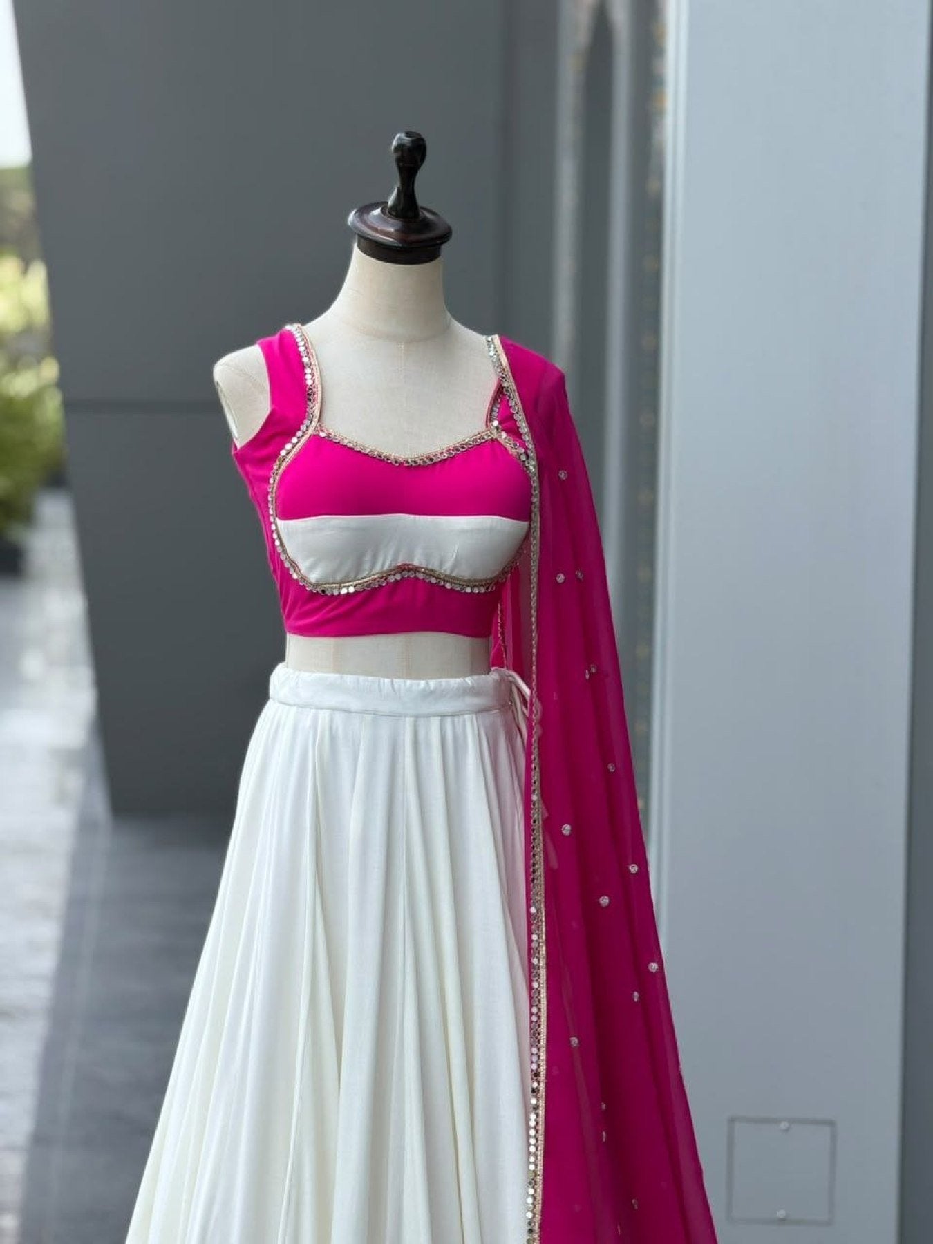 Pink White Cotton Party Wear Lehenga Choli with Heavy Mirror Work Lace fabric texture detail