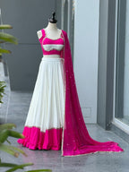Pink White Cotton Party Wear Lehenga Choli with Heavy Mirror Work Lace back view