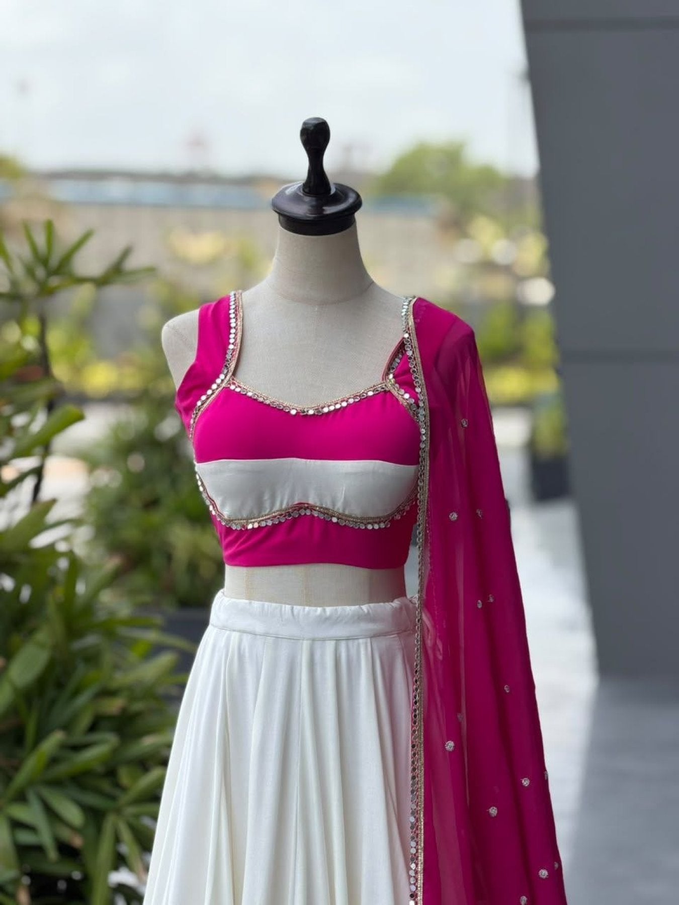 Pink White Cotton Party Wear Lehenga Choli with Heavy Mirror Work Lace styling view