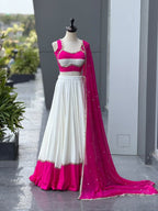 Pink White Cotton Party Wear Lehenga Choli with Heavy Mirror Work Lace colour variant view