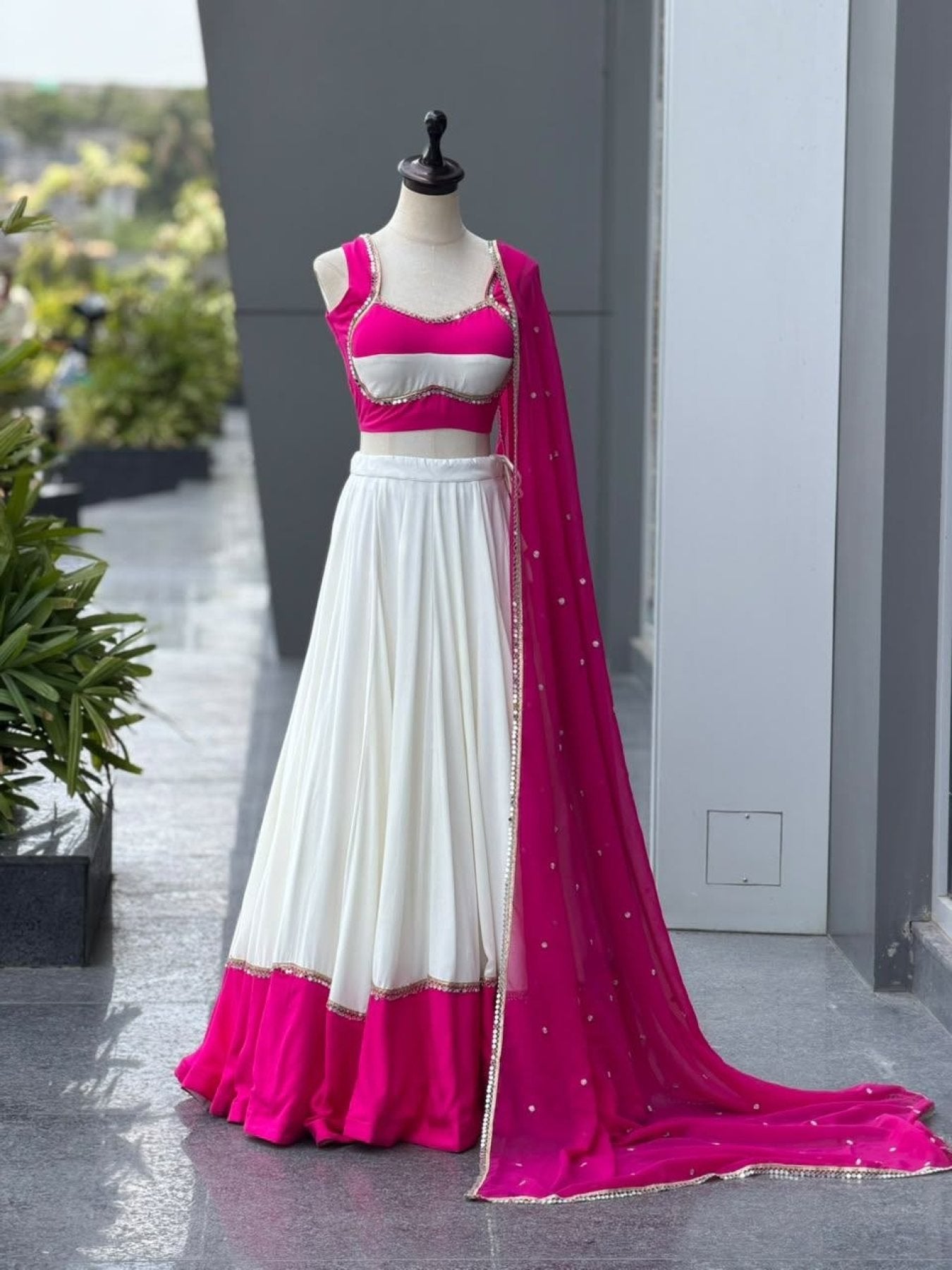 Pink White Cotton Party Wear Lehenga Choli with Heavy Mirror Work Lace colour variant view