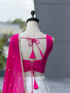 Pink White Cotton Party Wear Lehenga Choli with Heavy Mirror Work Lace front view