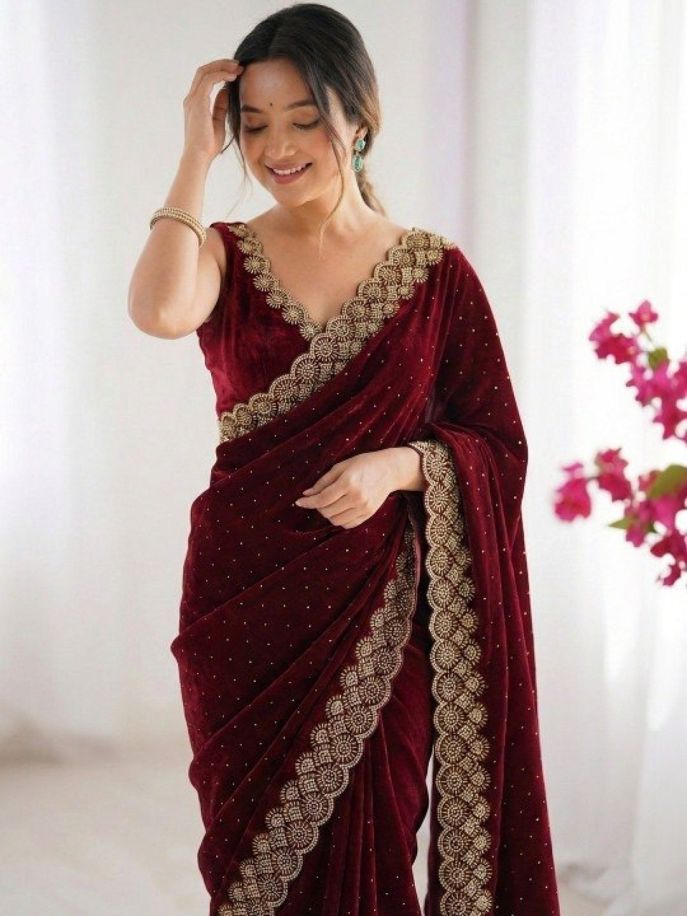 Maroon Saree - side drape view