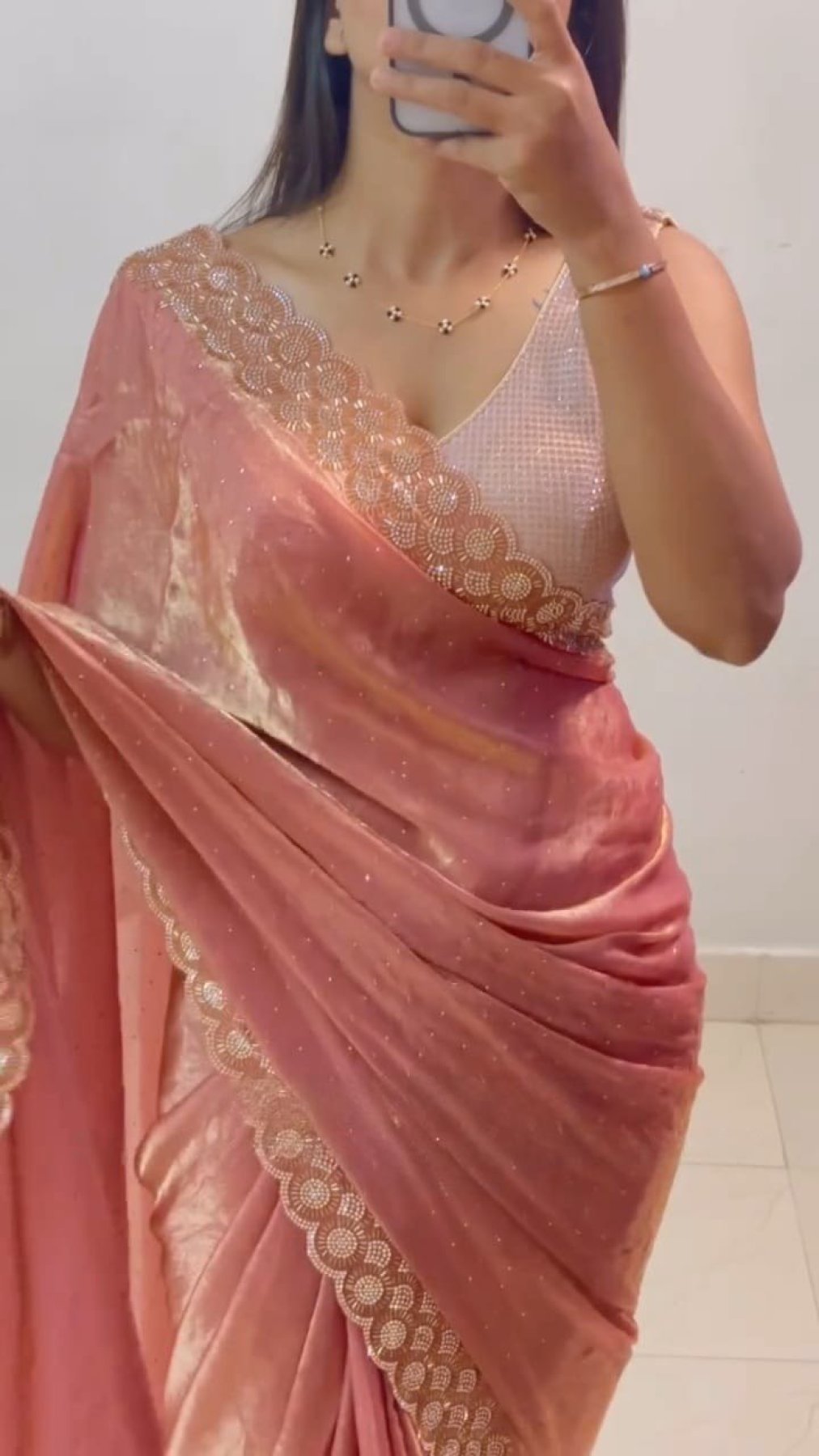 Peach Chiffon Saree - fabric texture close-up