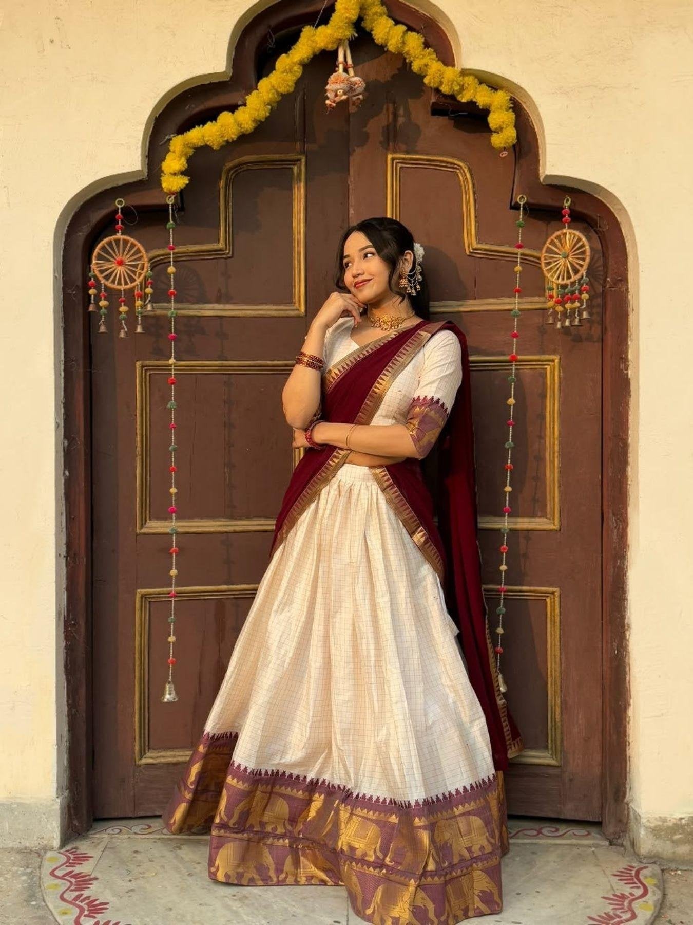 Special Color Cotton Lehenga Choli With Maroon Duppata And Zari Work for women | Snyvia