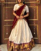 Special Color Cotton Lehenga Choli With Maroon Duppata And Zari Work full drape view