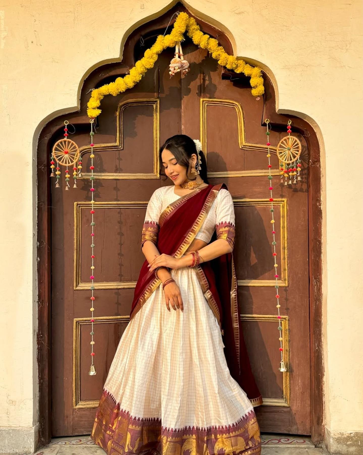 Special Color Cotton Lehenga Choli With Maroon Duppata And Zari Work back view