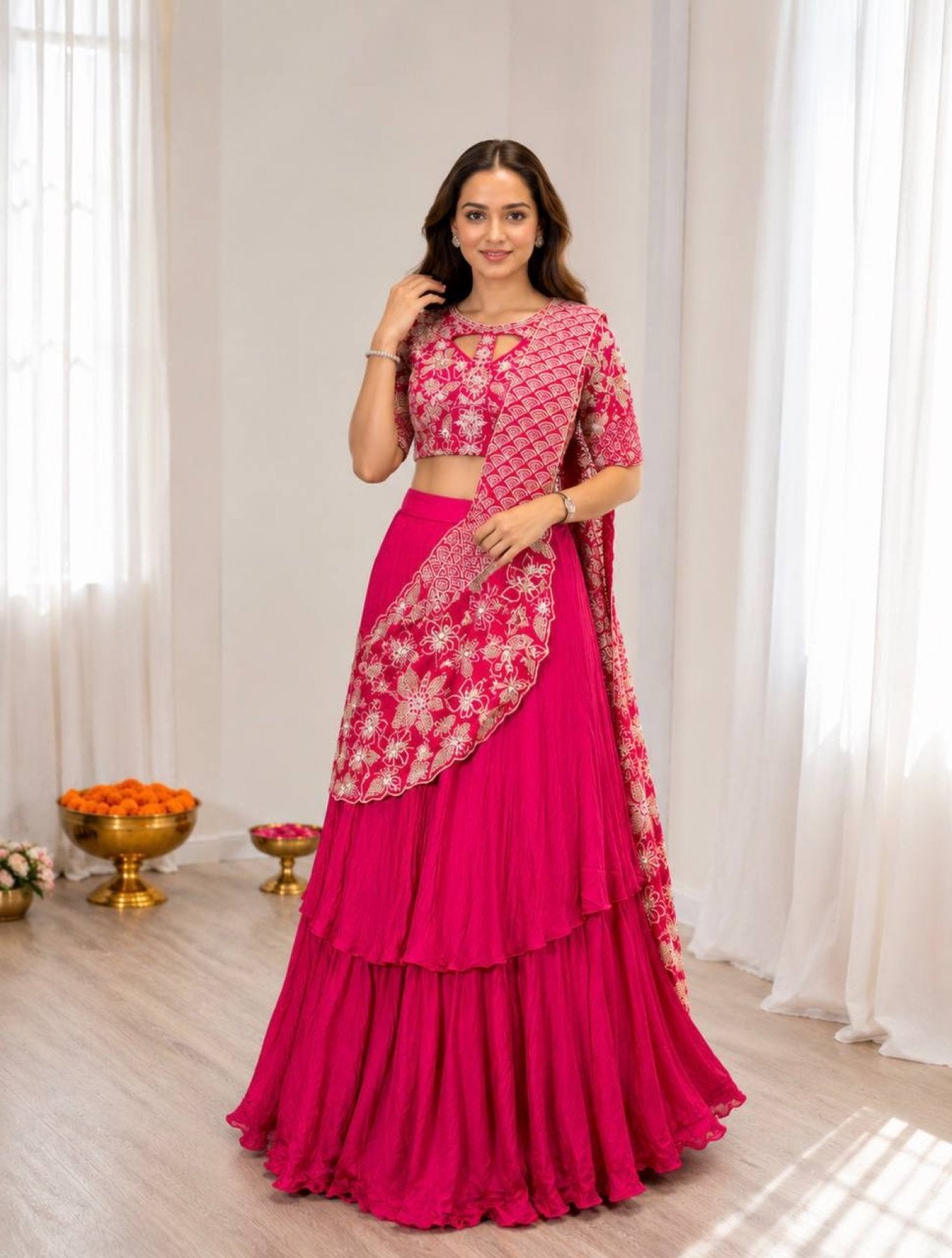 Pink Lehenga with Attached Pallu and Embroidered Blouse for Ladies full drape view