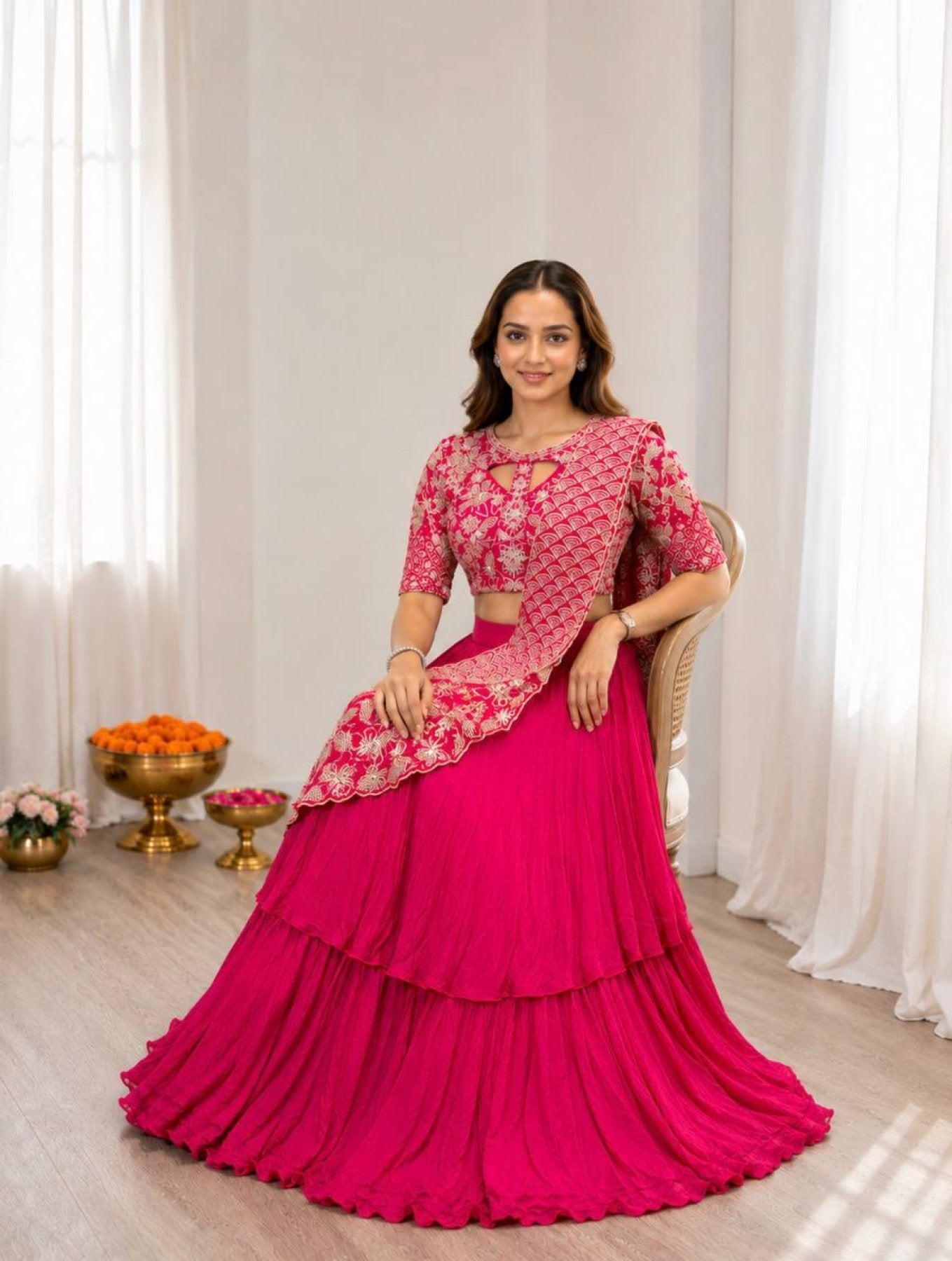 Pink Lehenga with Attached Pallu and Embroidered Blouse for Ladies detailed view