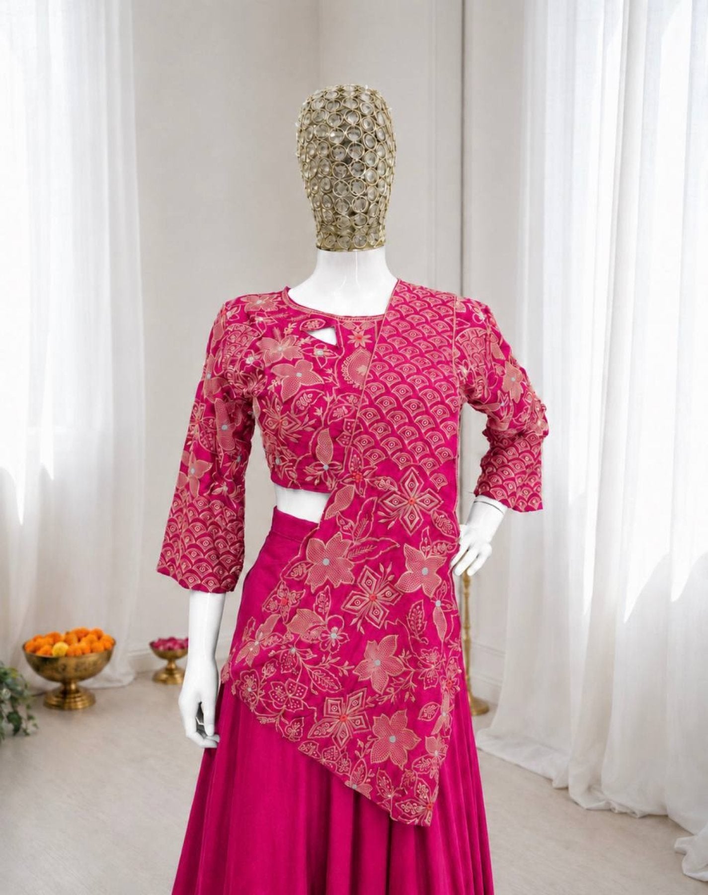 Pink Lehenga with Attached Pallu and Embroidered Blouse for Ladies embroidery close-up