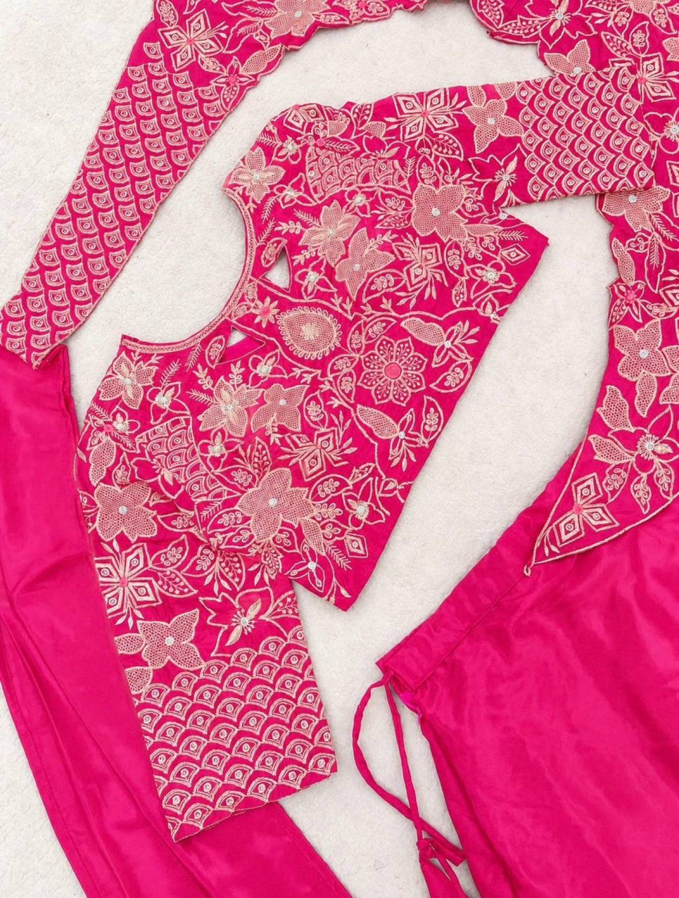 Pink Lehenga with Attached Pallu and Embroidered Blouse for Ladies back view
