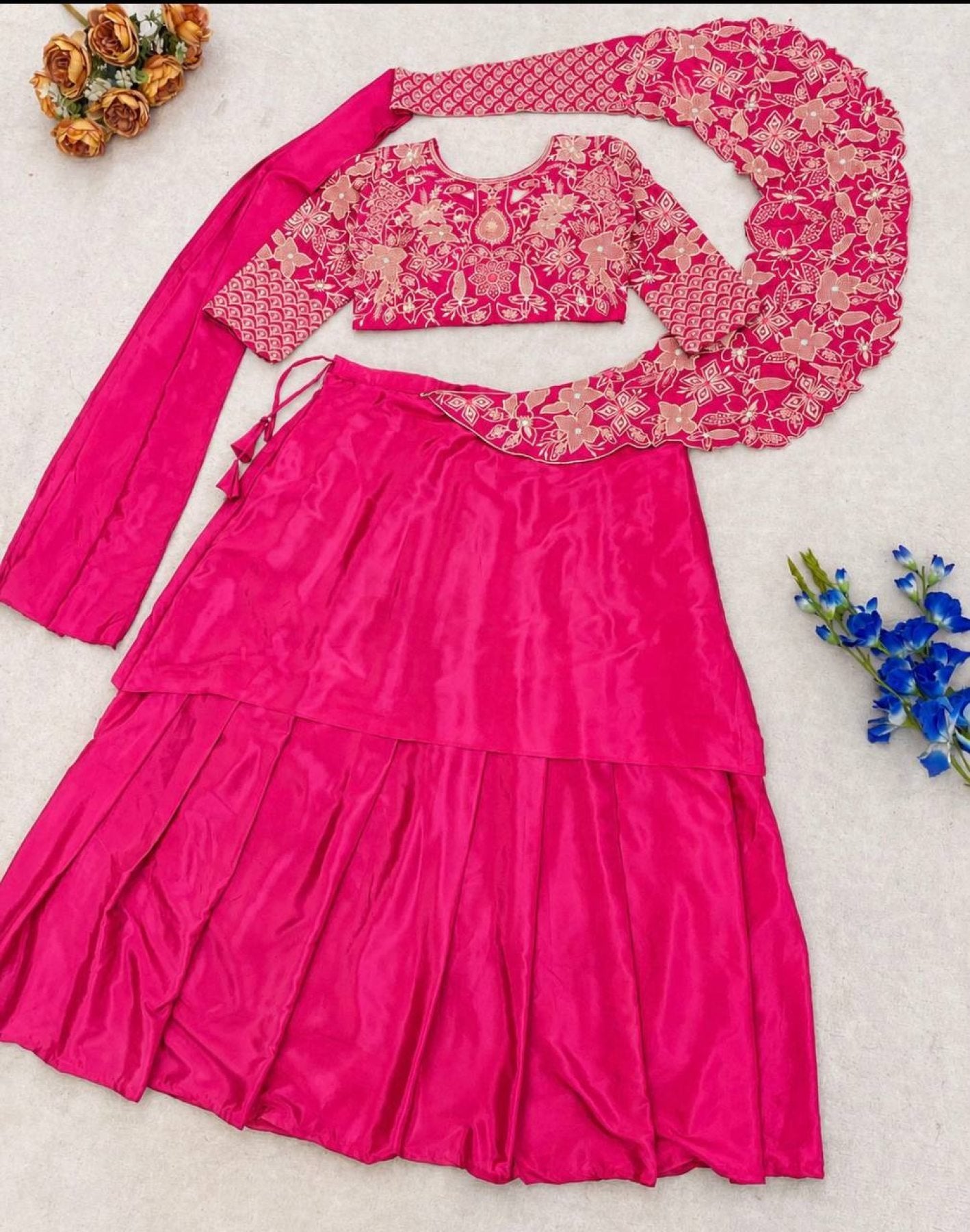 Pink Lehenga with Attached Pallu and Embroidered Blouse for Ladies styling view