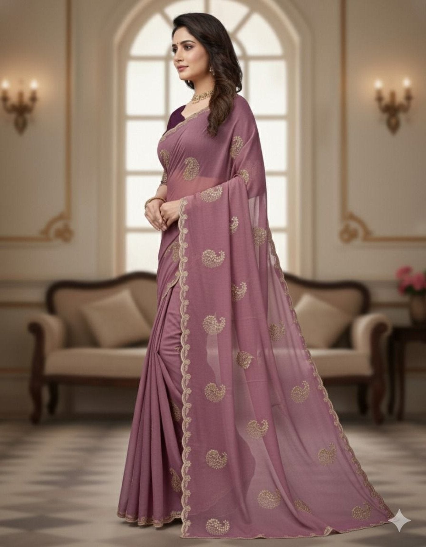 Purple Georgette Saree - side drape view
