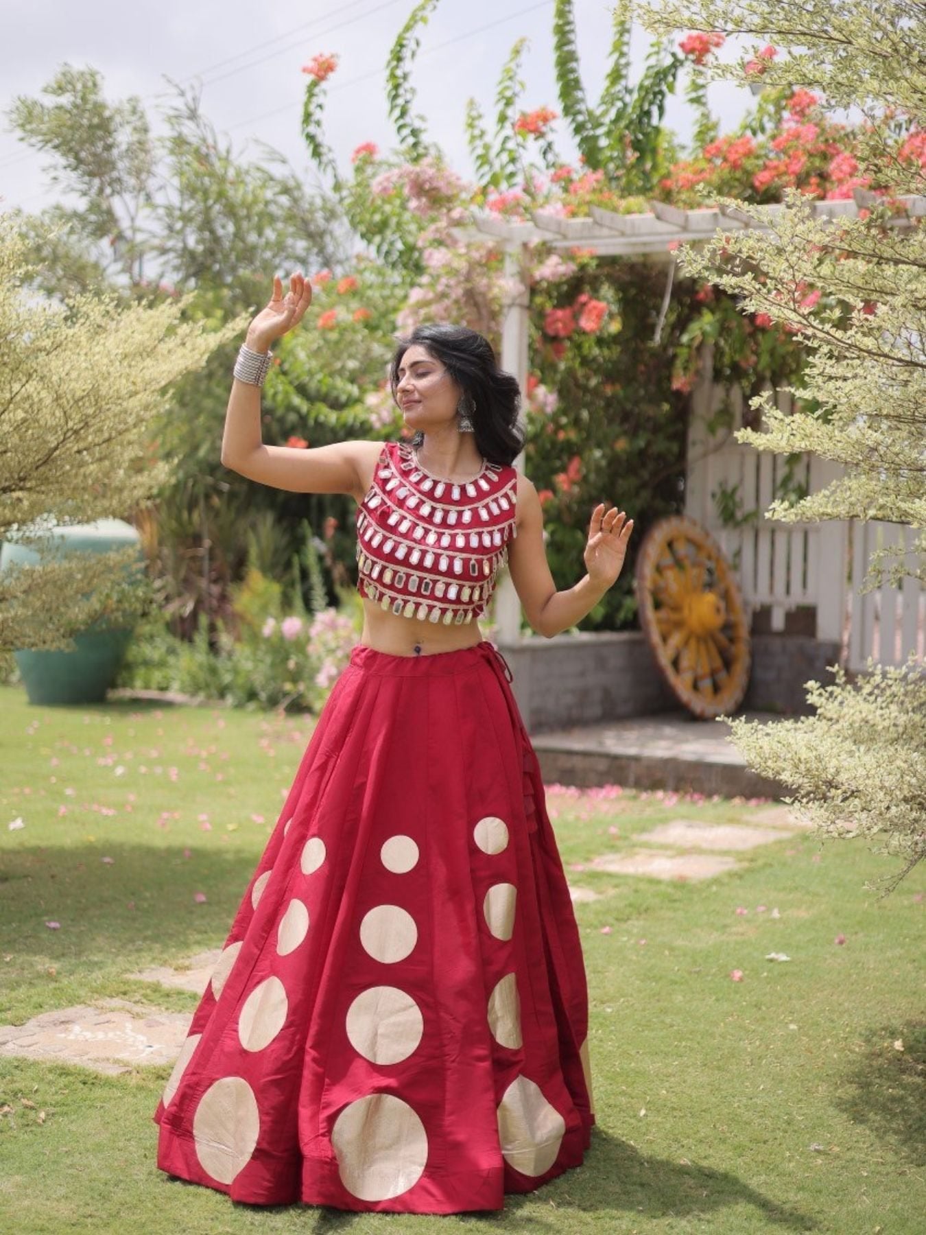 Roman Silk Navratri Lehenga Choli with Mirror Lace Work and 6 Meter Flair embroidery close-up