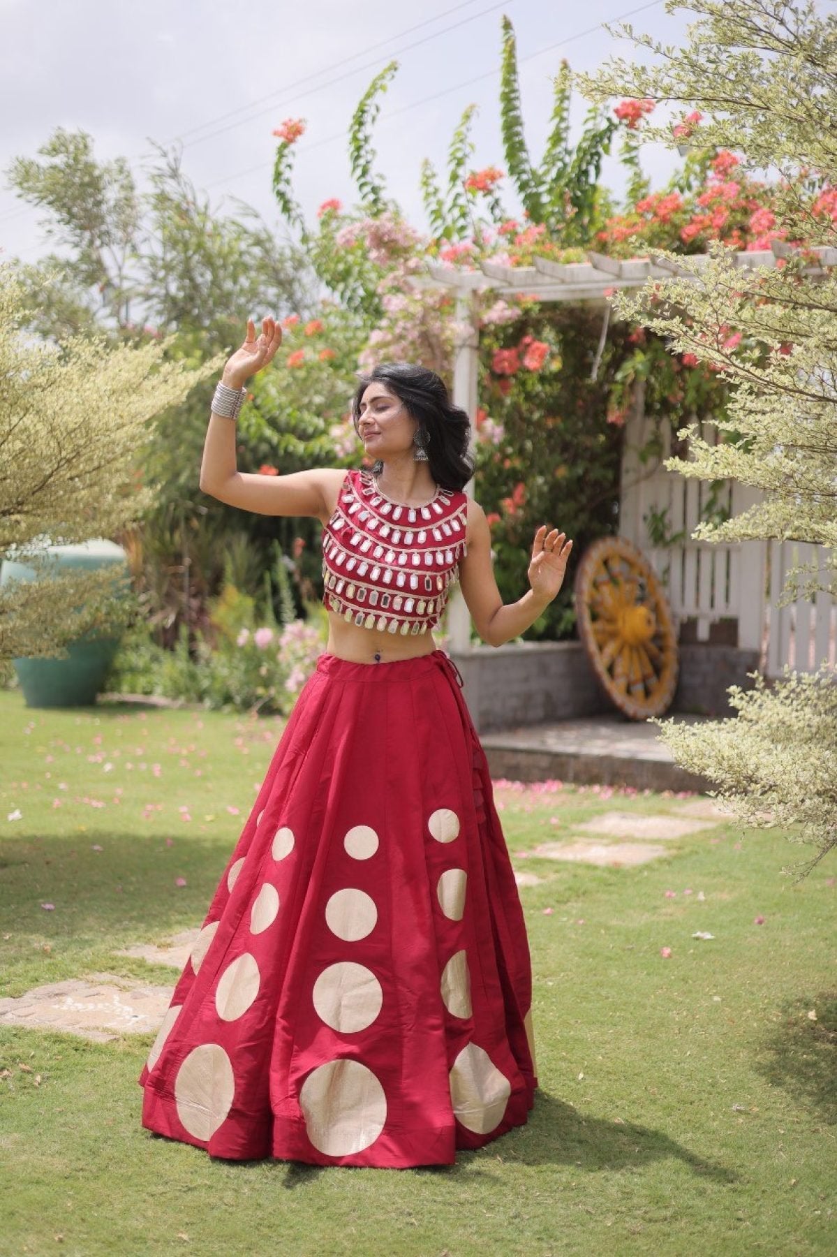 Roman Silk Navratri Lehenga Choli with Mirror Lace Work and 6 Meter Flair back view