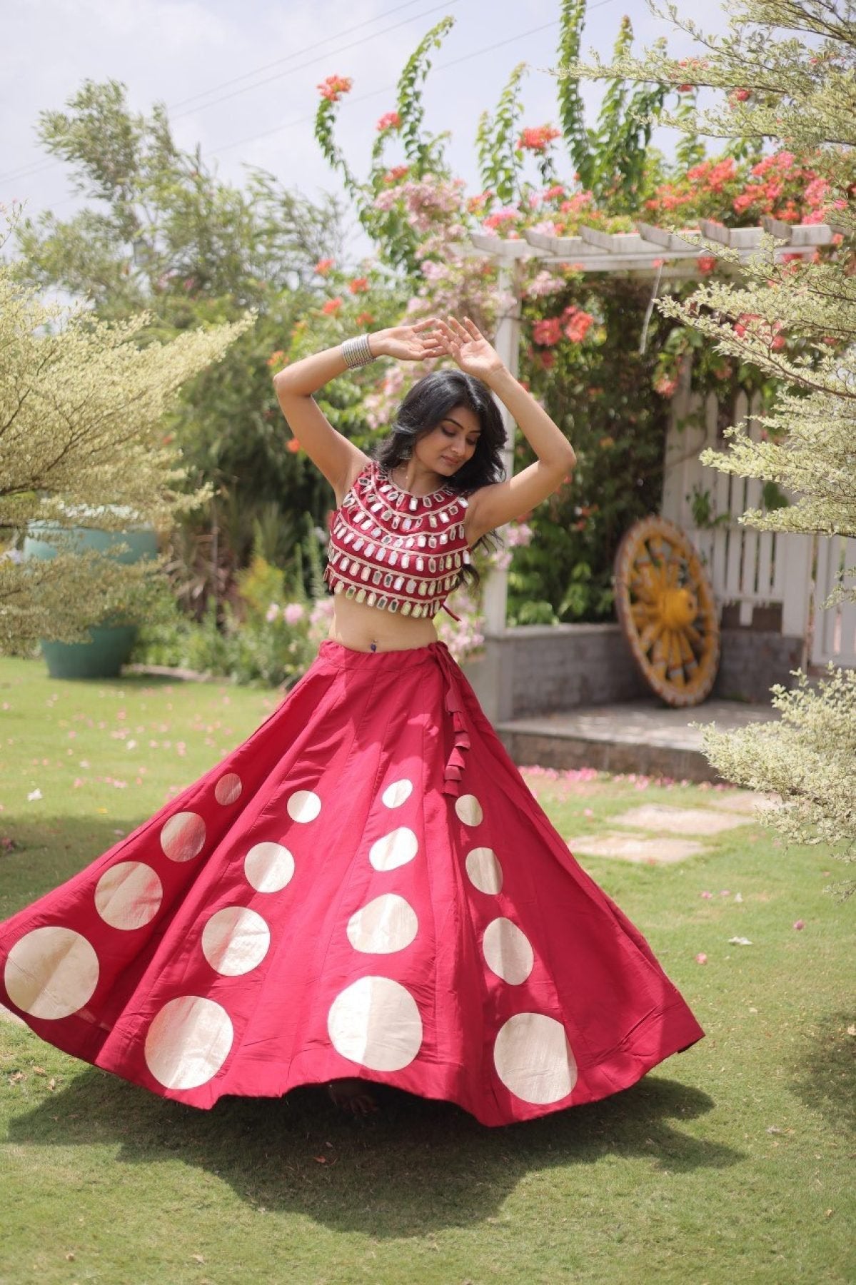 Roman Silk Navratri Lehenga Choli with Mirror Lace Work and 6 Meter Flair full drape view
