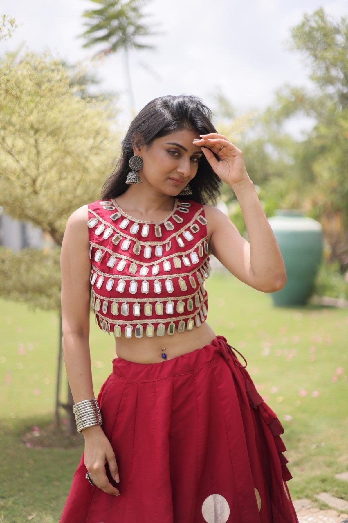 Roman Silk Navratri Lehenga Choli with Mirror Lace Work and 6 Meter Flair blouse and dupatta detail