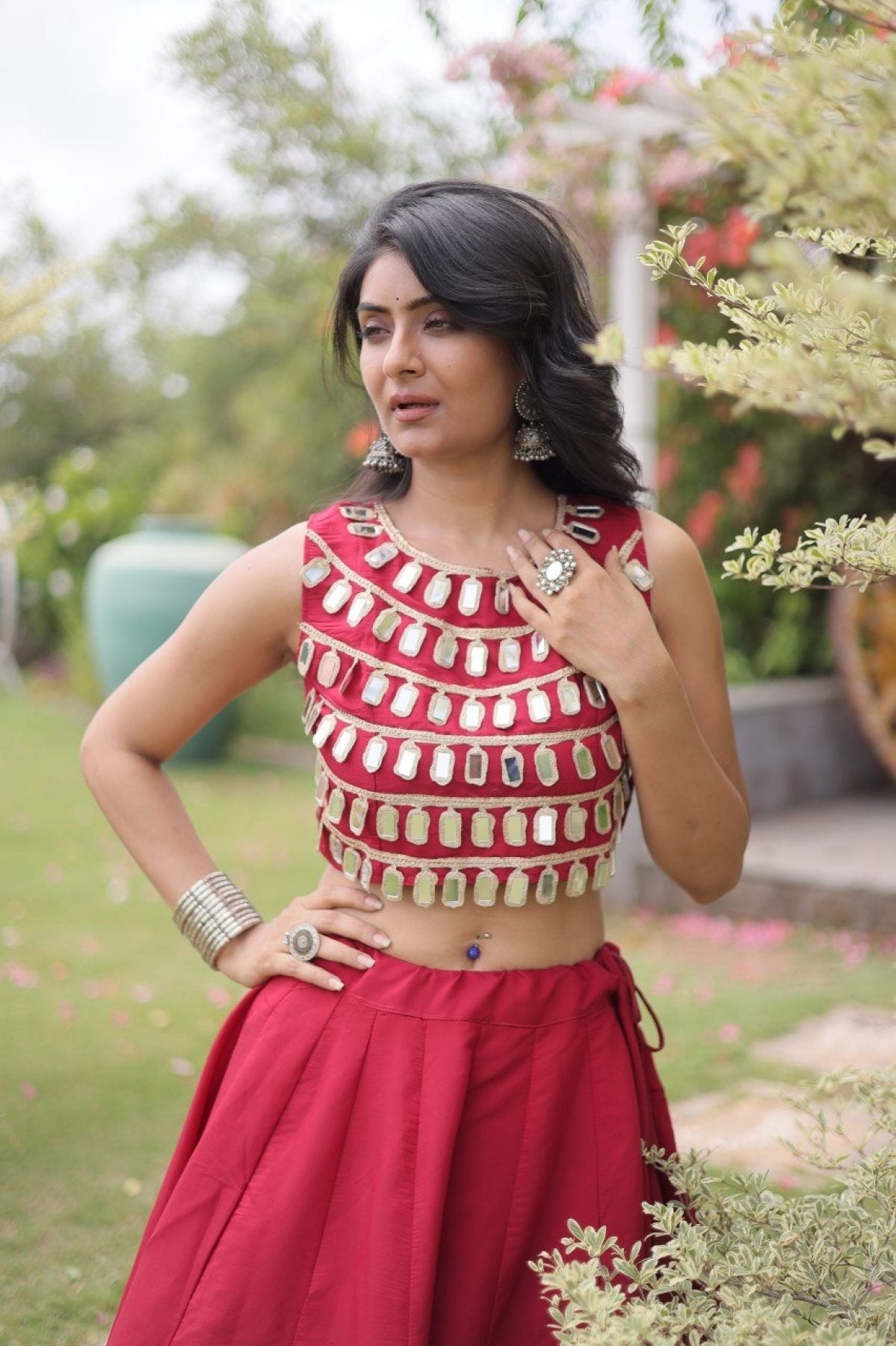 Roman Silk Navratri Lehenga Choli with Mirror Lace Work and 6 Meter Flair fabric texture detail