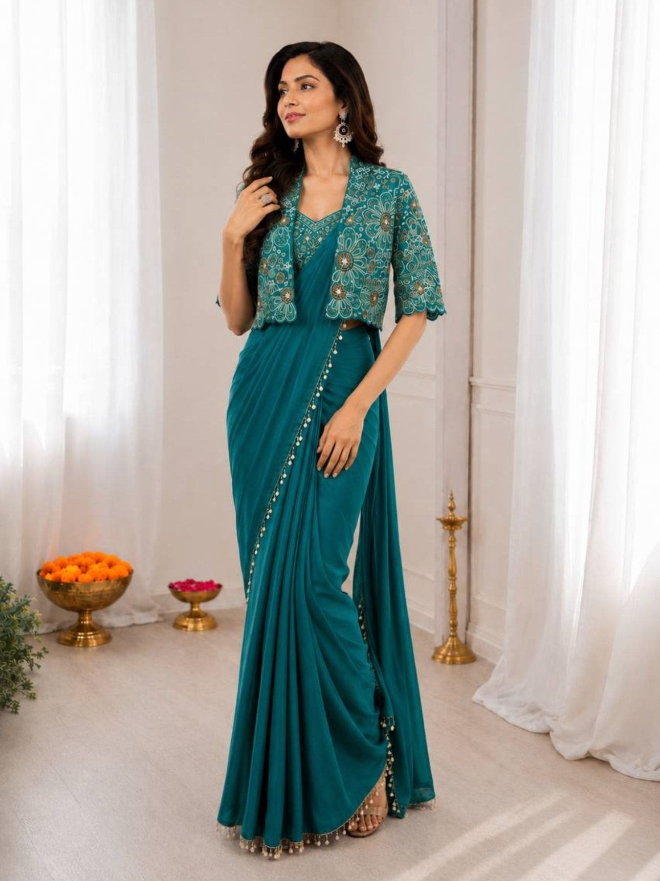 Teal Saree for women - full front view | Snyvia