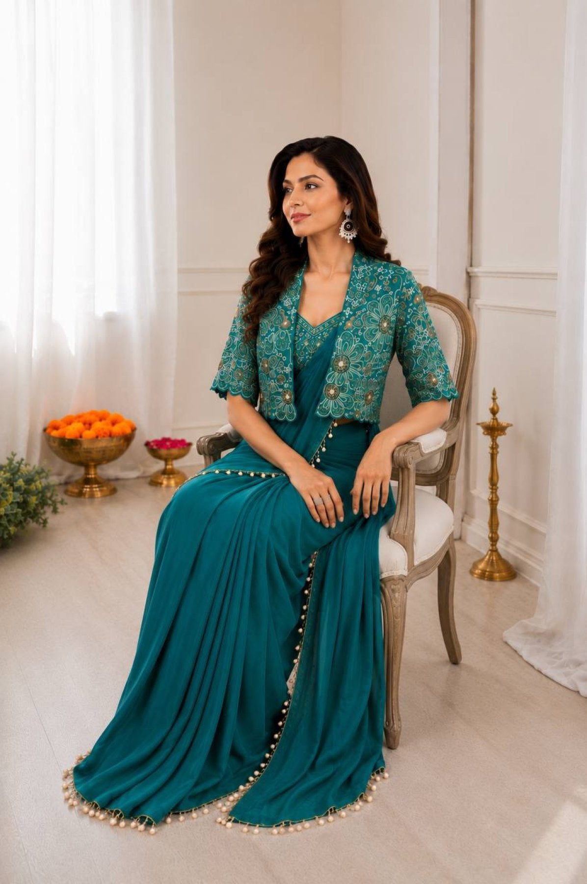 Teal Saree - drape and pallu detail