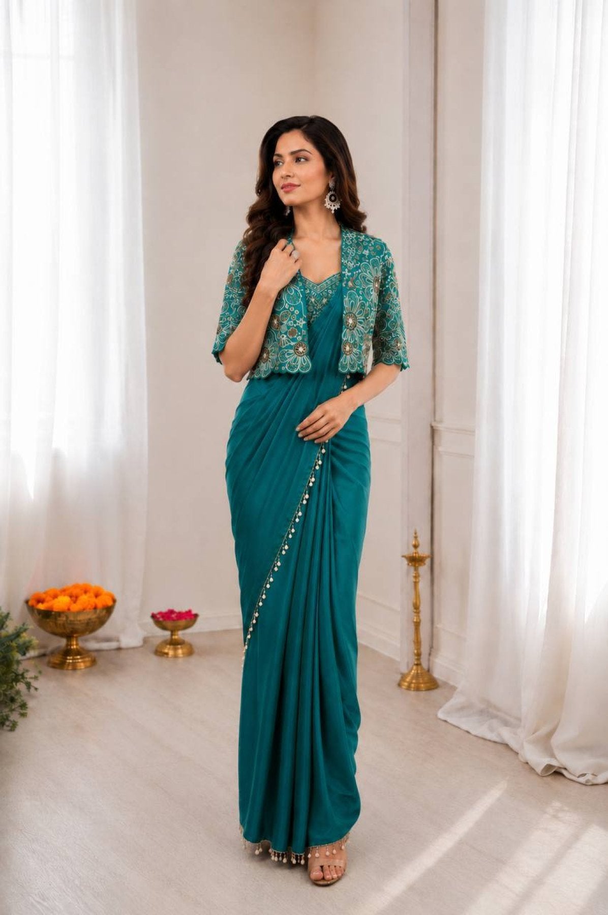 Teal Saree - blouse and border close-up