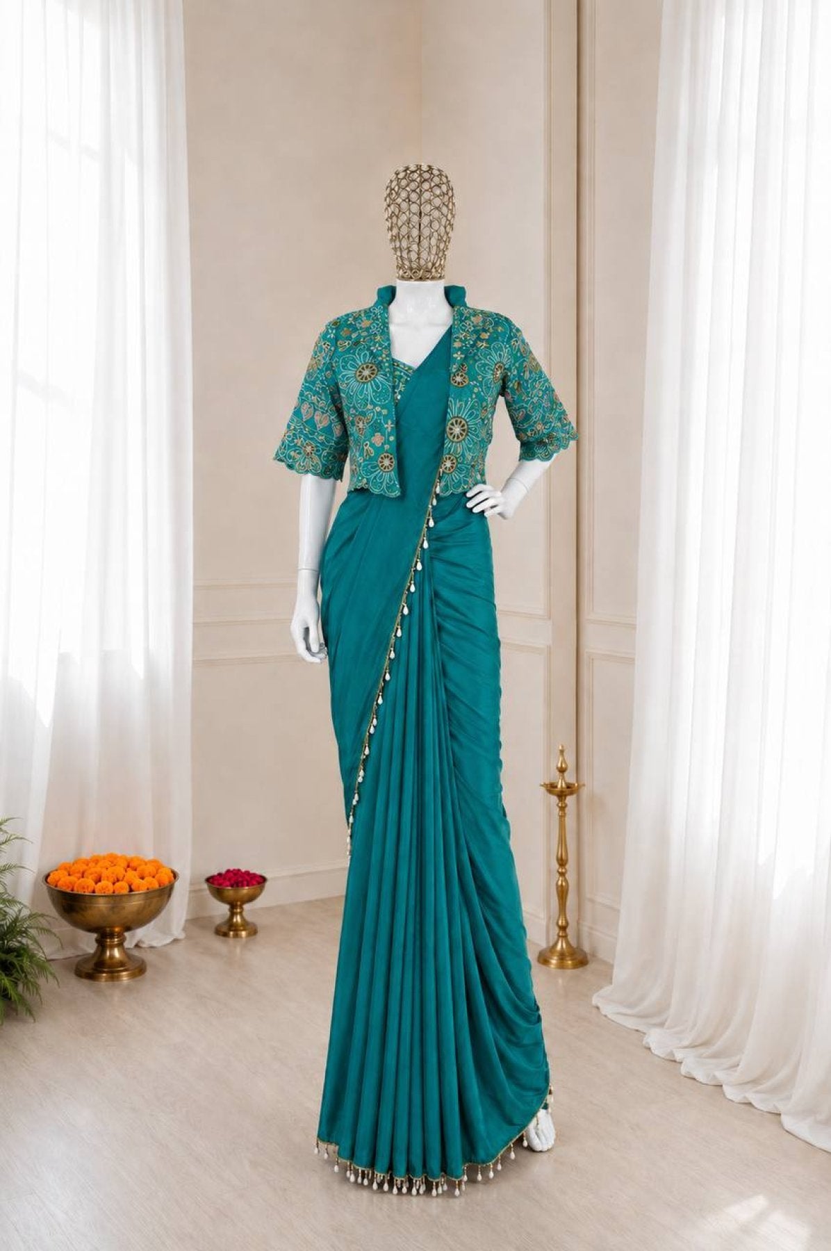 Teal Saree - fabric texture close-up