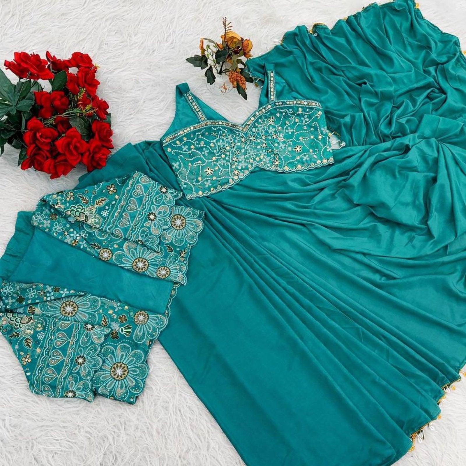 Teal Saree - Sequence pallu design detail
