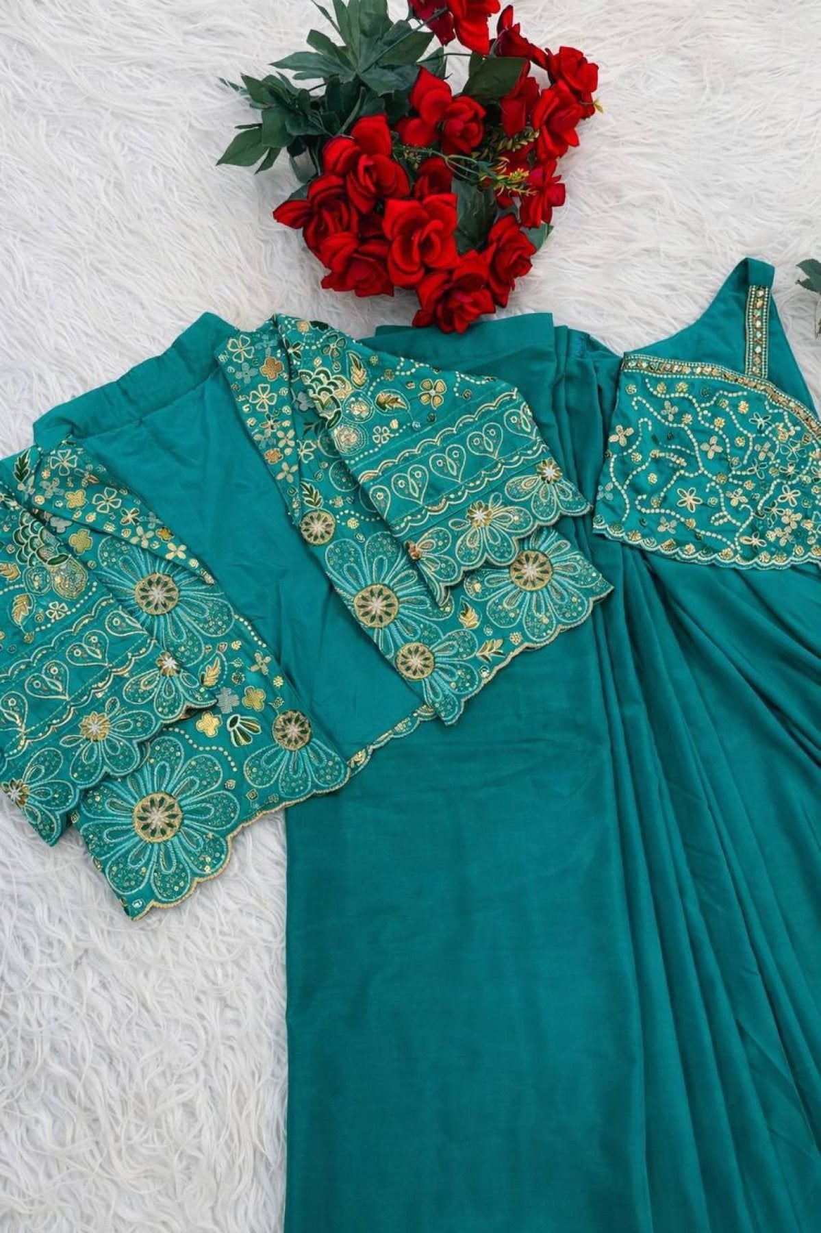 Teal Saree - Sequence back view