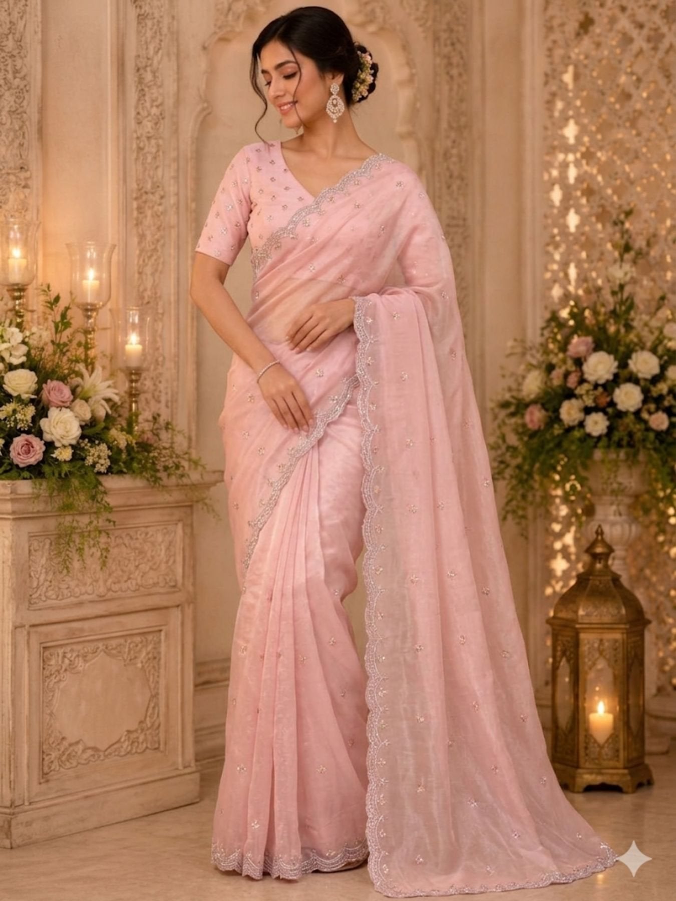 Pink Satin Saree for women - full front view | Snyvia