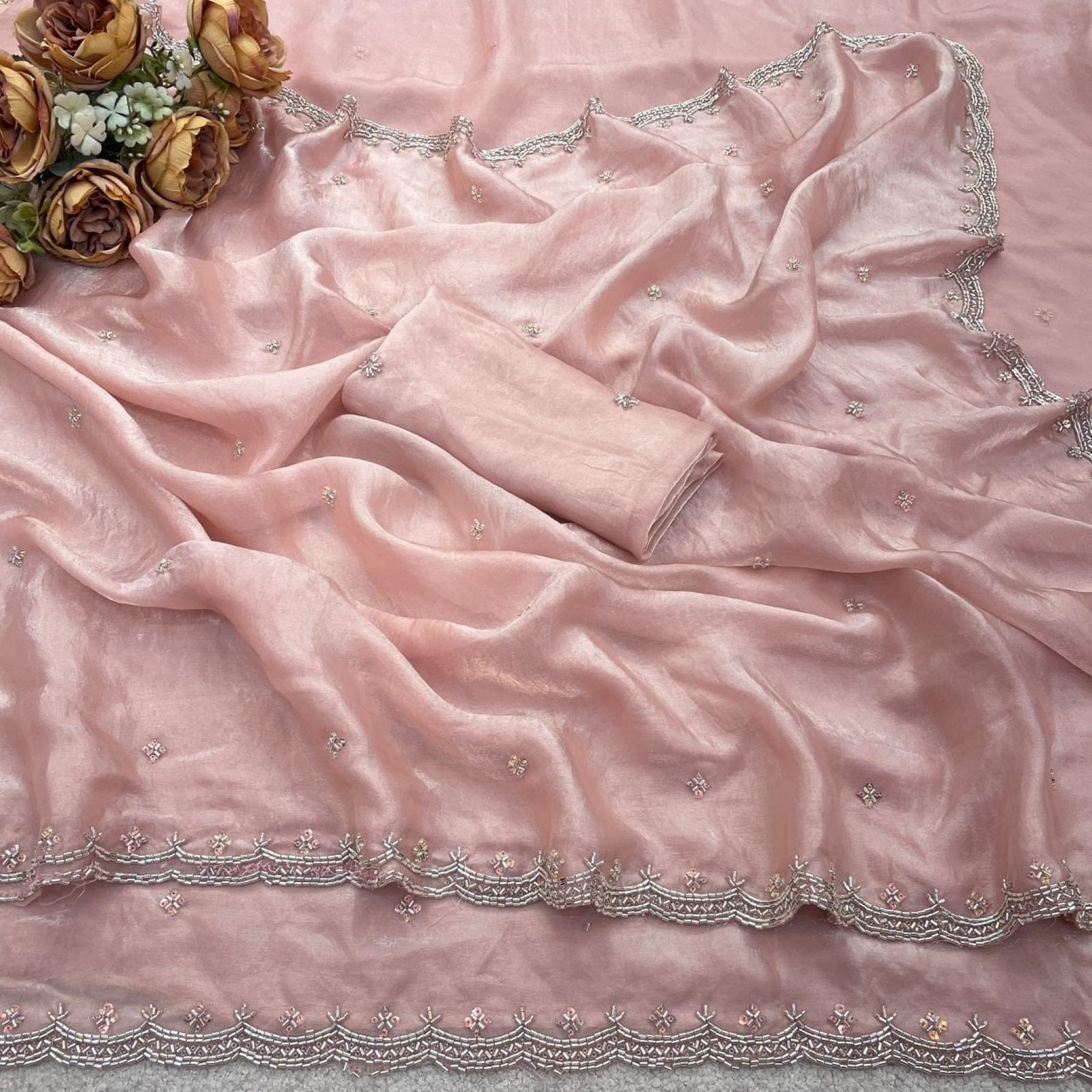 Pink Satin Saree - drape and pallu detail